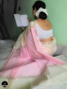 White Maheswari Saree With Thin Zari Border, Full Body Buta Work with Contrast Pink Unstitched Blouse Piece-0