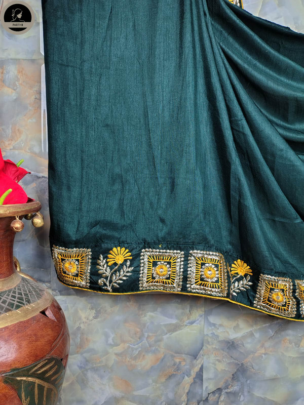 Ready To Wear Fancy Silk Saree, Green Colour Body with Designed Blouse Attached for Occassional Wear-2