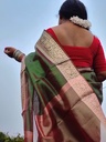 Tissue Silk Saree, Green Colour Body with Golden Zari Border for Ocassional Wear, Unstitched Blouse-1