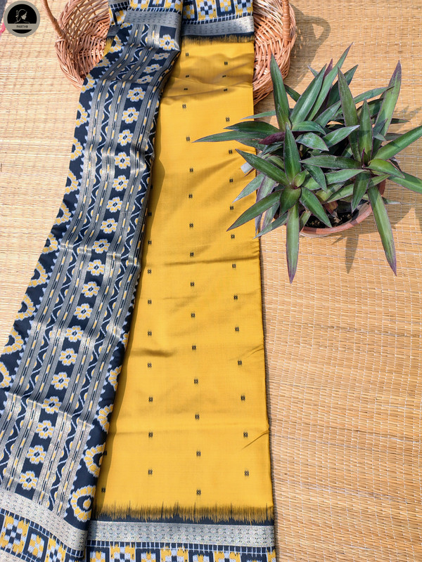 Yellow Kotki Silk Saree, Black Border with Golden Thread Design, All Over Buta Work  for Women-1