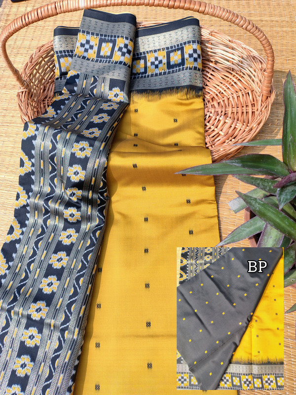 Yellow Kotki Silk Saree, Black Border with Golden Thread Design, All Over Buta Work  for Women-2
