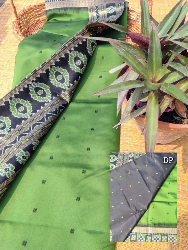 Green Kotki Silk Saree, Black Border with Golden Thread Design, All Over Buta Work  for Women-2