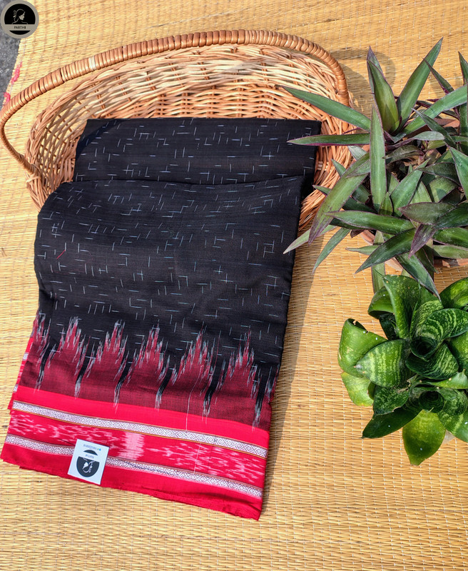 Black  Pure  Ikat Cotton , All Over Kotki Weave with Stricking  Red  Border, Ready To Wear for Women-0