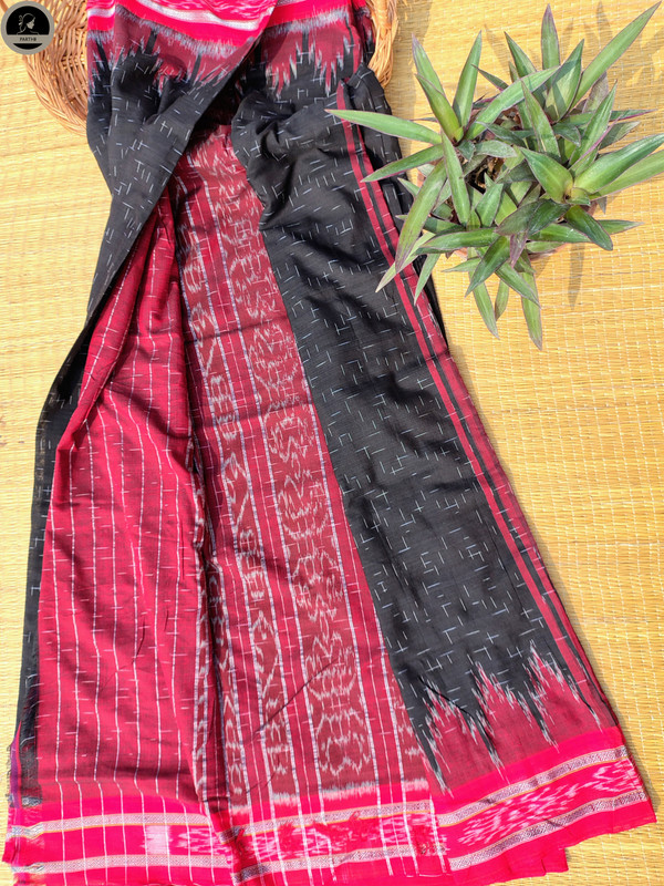 Black  Pure  Ikat Cotton , All Over Kotki Weave with Stricking  Red  Border, Ready To Wear for Women-2