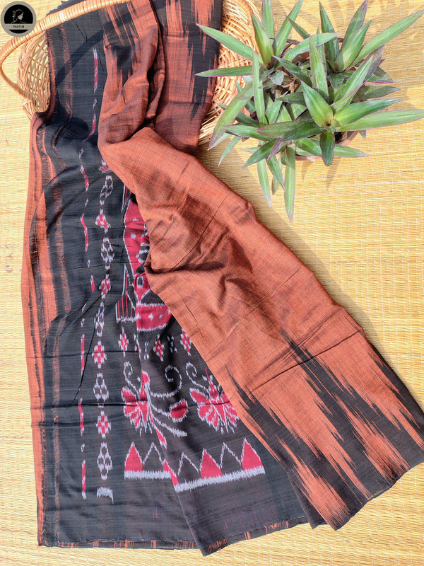 Brown Pure  Ikat Cotton , All Over Kotki Weave with Unstitched Blouse, Ready To Wear Saree for Women-2