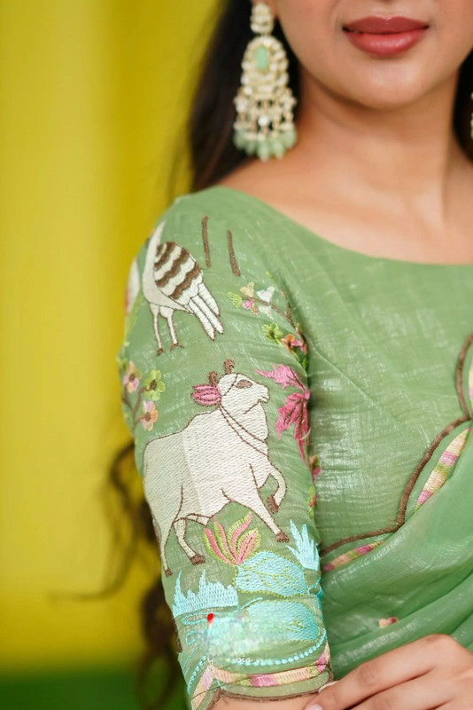 Lehenga Choli Heavy Embroidery Thread work Chinon & Micro Cotton " Pista" for Women-1