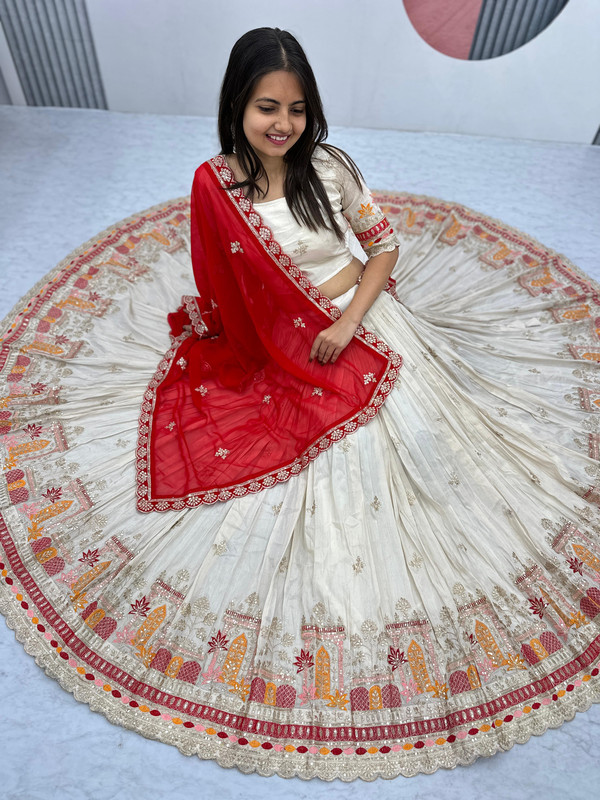 Lehenga Choli Heavy Embroidery Thread & Sequence Work Pure Banarasi Tissue & Micro Cotton "Cream" For Women-0