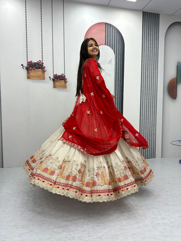 Lehenga Choli Heavy Embroidery Thread & Sequence Work Pure Banarasi Tissue & Micro Cotton "Cream" For Women-1