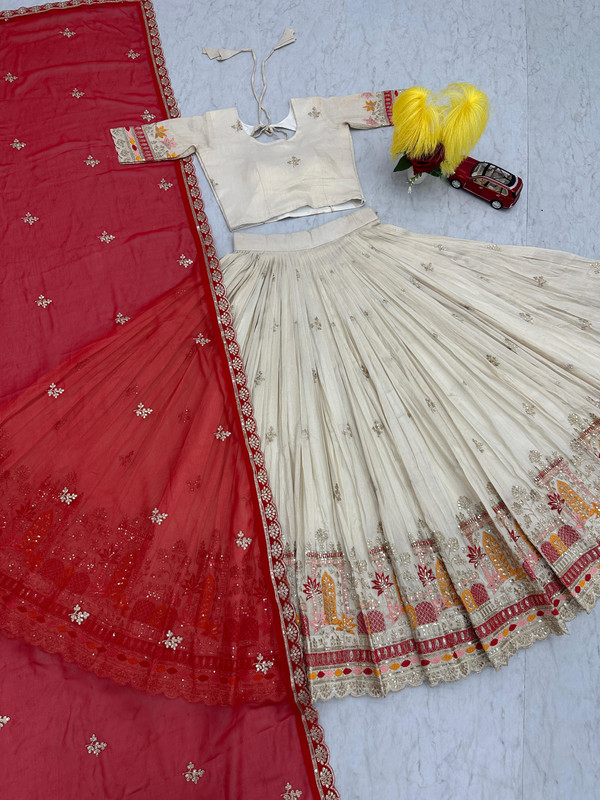 Lehenga Choli Heavy Embroidery Thread & Sequence Work Pure Banarasi Tissue & Micro Cotton "Cream" For Women-2