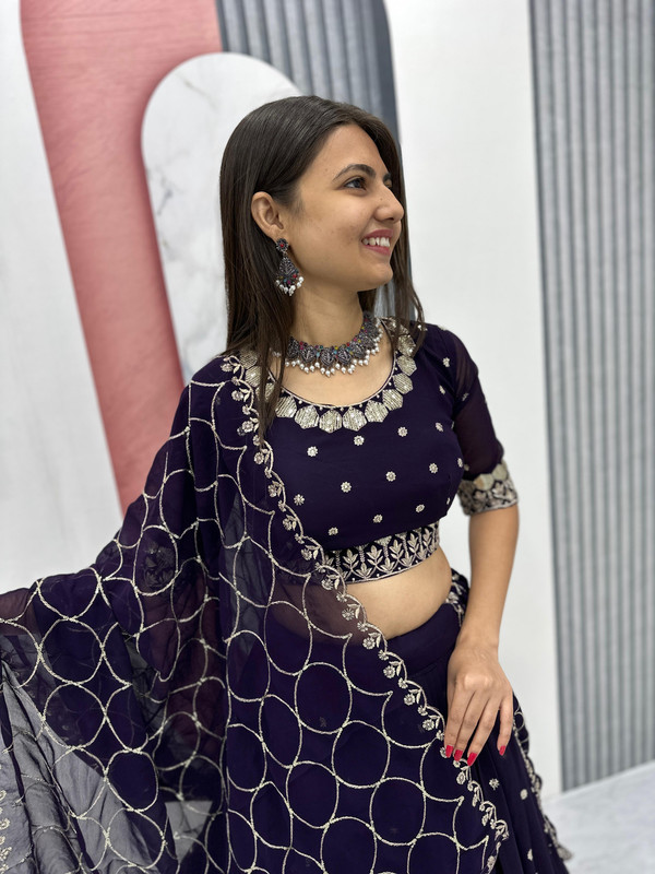 Lehenga Choli Heavy Embroidery Thread & Sequence Work FOX Georgette & Micro Cotton "Dark BLUE" For Women-0