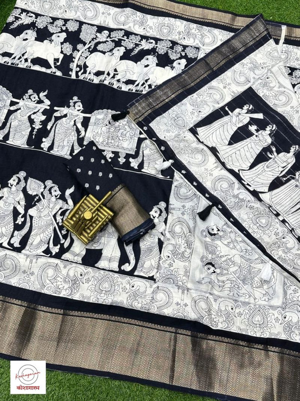Kalamkari Dola Silk Black & White with Kalamkari Print for Women-1