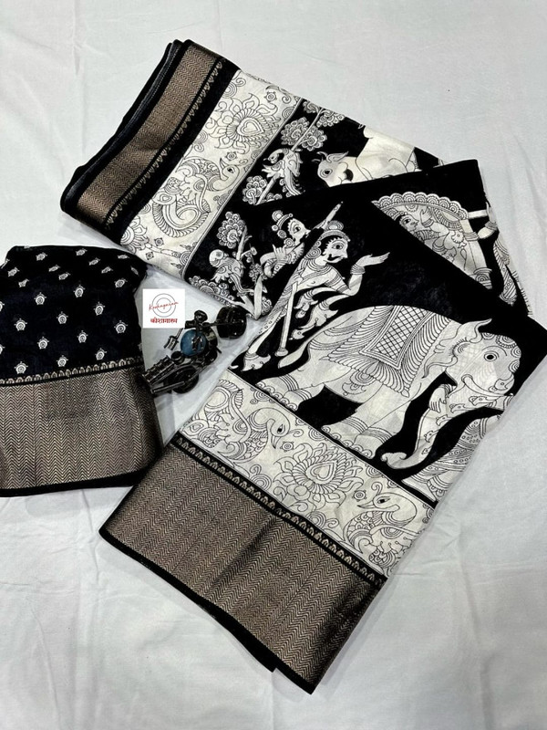 Kalamkari Dola Silk Black & White with Kalamkari Print for Women-3
