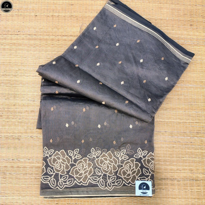 Brown Kota Saree with Embroidery Work,  Unstitched Blouse Piece, Perfect For Summer, Daily Wear Saree