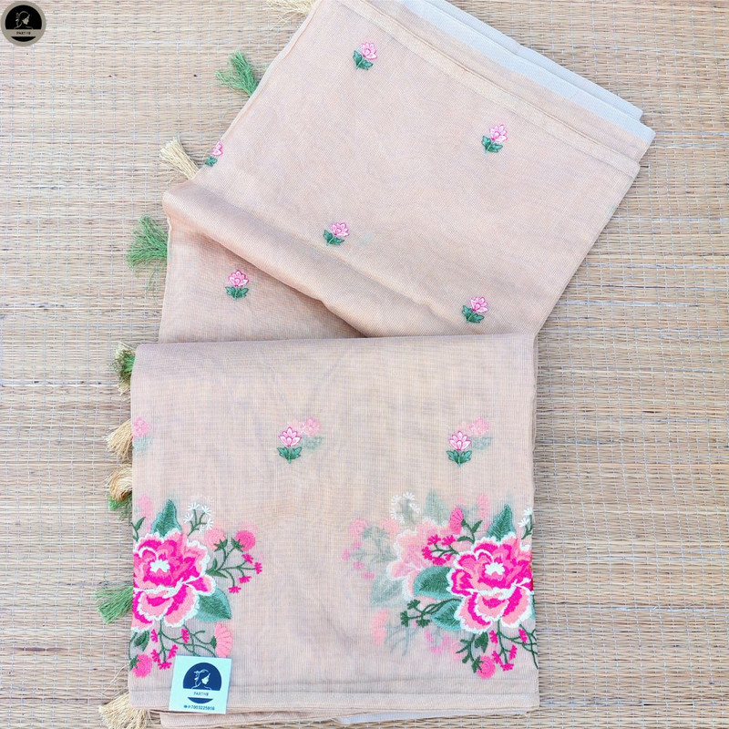 Biscuit Colour Kota Saree with Embroidery Work,  Unstitched Blouse Piece, Perfect For Summer, Daily Wear Saree