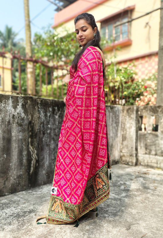 Pink Badhni Work, Printed Saree with Thin Zari Border, Ready To Wear Saree with Unstitched Blouse