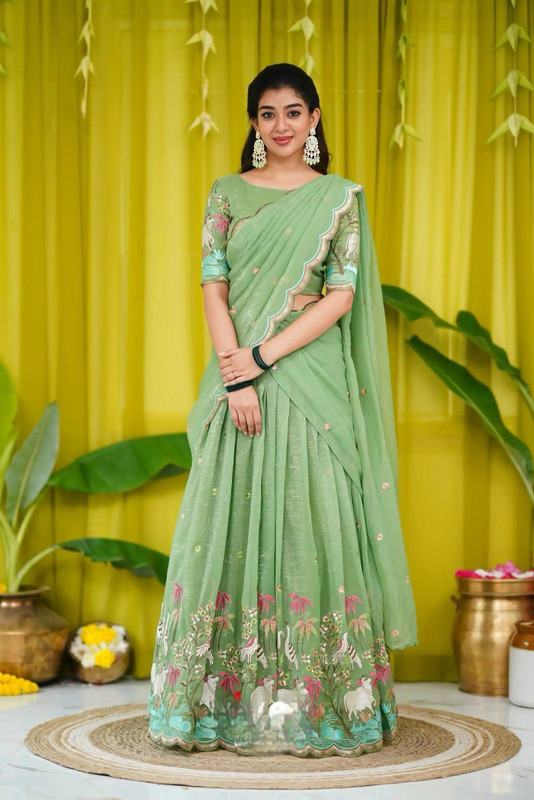 Lehenga Choli Heavy Embroidery Thread work Chinon & Micro Cotton "Pista" for Women