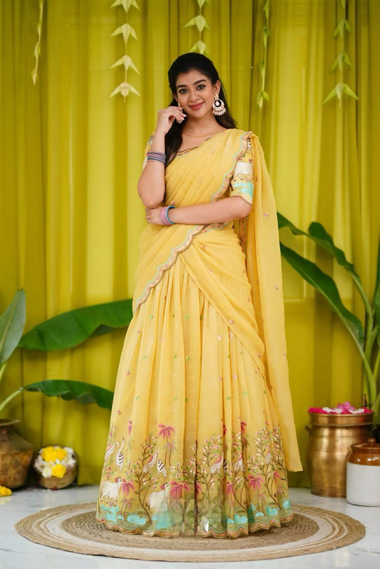 Lehenga Choli Heavy Embroidery Thread work Chinon & Micro Cotton "Yellow" for Women