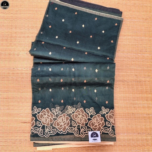 [E-COM-CK-006] Green Kota Saree with Embroidery Work,  Unstitched Blouse Piece, Perfect For Summer, Daily Wear Saree