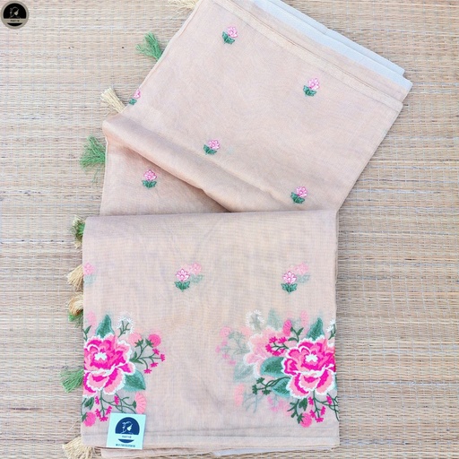 [E-COM-CK-009] Biscuit Colour Kota Saree with Embroidery Work,  Unstitched Blouse Piece, Perfect For Summer, Daily Wear Saree