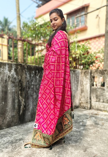 [E-COM-FB-002] Pink Badhni Work, Printed Saree with Thin Zari Border, Ready To Wear Saree with Unstitched Blouse