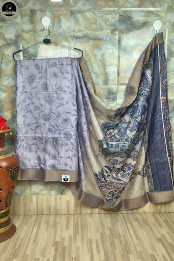 [E-COM-ABS-002] Lavonder Colour Bapta Silk Saree with Beautiful Sculpture Design in Pallu, Beautiful Printed Body with Unstitched Blouse Piece