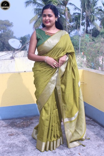 [E-COM-MGS-006] Green Muga Silk Saree, Solid Plain Body with Zari Border, Ready To Wear with Unstitched Blouse 