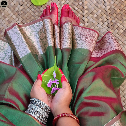 [E-COM-TS-006] Tissue Silk Saree, Green Colour Body with Golden Zari Border for Ocassional Wear, Unstitched Blouse