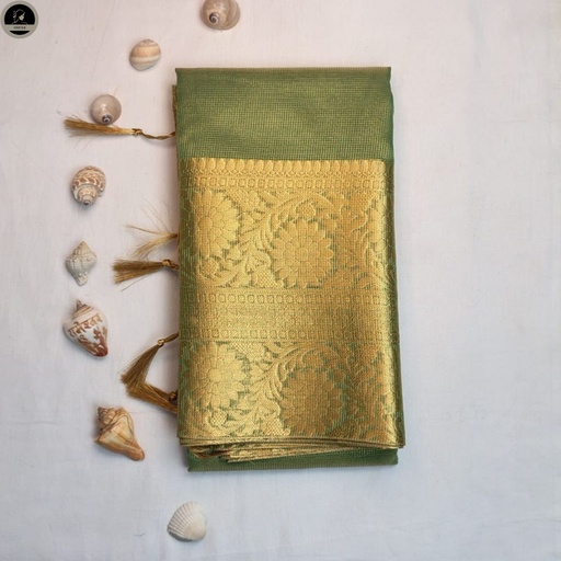 [E-COM-TS-014] Tissue Silk Saree, Green Colour Body with Red Red Dual Tone, Silver Zari Border for Ocassional Wear, Unstitched Blouse