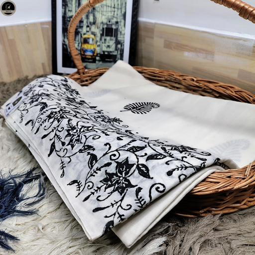 [E-COM-BW-007] Flower Print, Ready to Wear, Pure Cotton White Saree with Block Print for Women