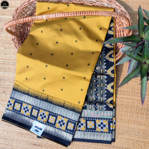 [E-COM-KTS-016] Yellow Kotki Silk Saree, Black Border with Golden Thread Design, All Over Buta Work  for Women