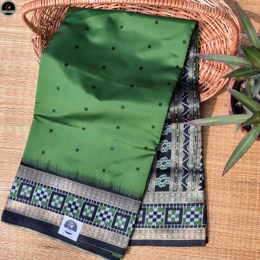 [E-COM-KTS-019] Green Kotki Silk Saree, Black Border with Golden Thread Design, All Over Buta Work  for Women