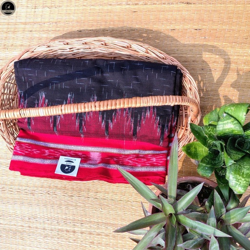 [E-COM-SCK-002] Black  Pure  Ikat Cotton , All Over Kotki Weave with Stricking  Red  Border, Ready To Wear for Women