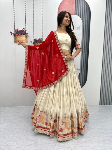 [E-COM-KoshaLehengaCream-209] Lehenga Choli Heavy Embroidery Thread & Sequence Work Pure Banarasi Tissue & Micro Cotton "Cream" For Women