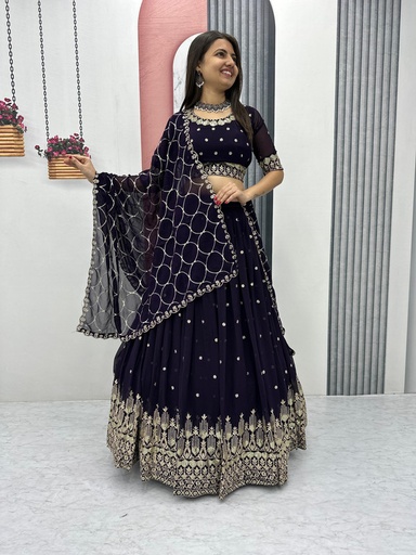[E-COM-KoshaLehengaDarkBLUE-223] Lehenga Choli Heavy Embroidery Thread & Sequence Work FOX Georgette & Micro Cotton "Dark BLUE" For Women