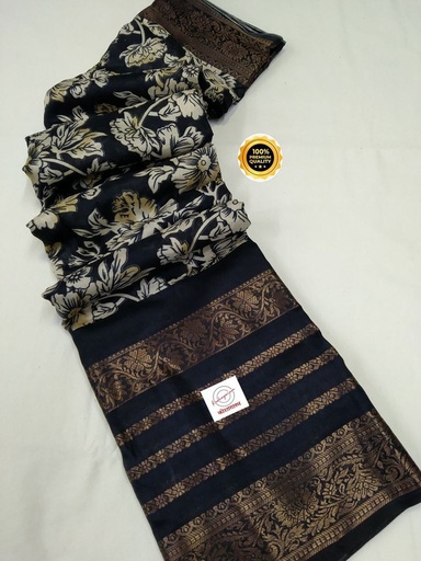 [E-COM-Koshagaram-210EJJ120GBJ24-01] Digital Print Dola Silk Black & White with light yellowish shed for Women