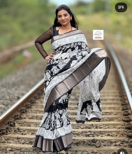 [E-COM-Koshagaram-210EJJ120GBJ24-02] Kalamkari Dola Silk Black & White with Kalamkari Print for Women
