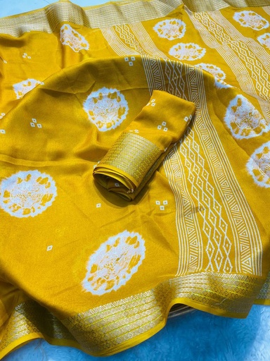 [E-COM-Koshagaram-280ECJ11070024-40] Marsh Mellow Queen (Jequard Border) Moss Chifon Yellow Special for Women