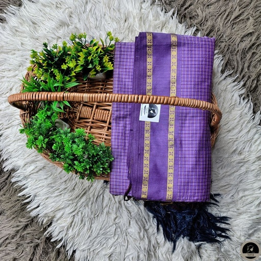 [E-COM-GS-013] Cotton Blend Purple Gadwal Saree with All-Over Checked Design - Perfect for All Seasons