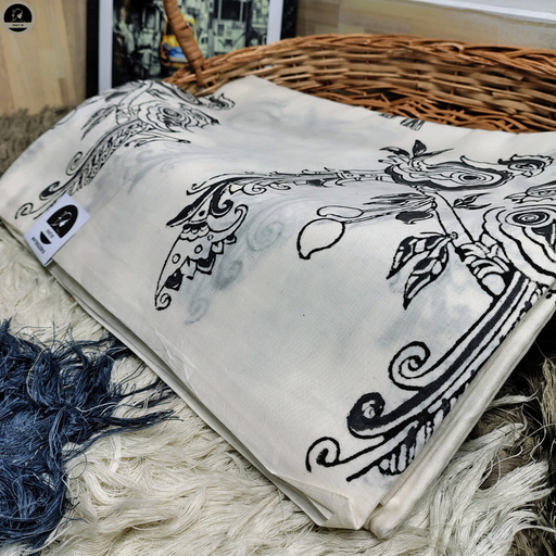 [E-COM-BW-006] Flower Print, Ready to Wear, Pure Cotton White Saree  with Block Print for Women